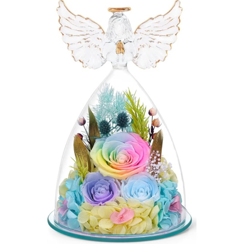 FIACO Angel Glass Dome Preserved Eternal Rainbow Roses LED Light Up Gift Box NEW